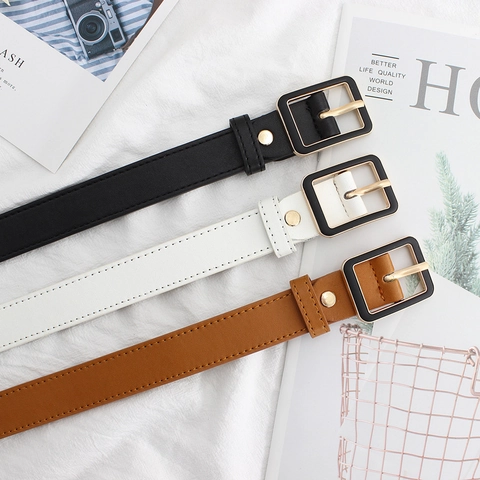 Women Fashion PU Leather Belt With Lacquered Square Alloy Pin Buckle Versatile Decorative Waist Strap For Jeans Dress