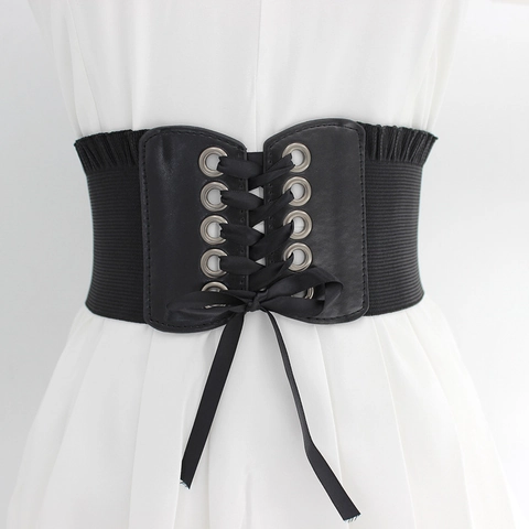 Cintura a Corsetto Elastica Larga da Donna Con Fiocco Stringata in Ecopelle Cinturone Retrò con Volant Decorativa per Vestito