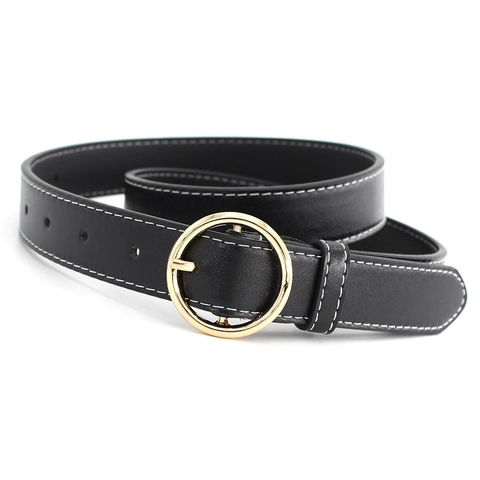 Retro Women PU Leather Belt With Golden Round Buckle Minimalist Contrast Stitching Waist Strap For Jeans Dress Accessories
