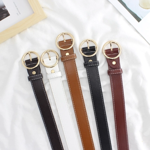Retro Women PU Leather Belt With Golden Round Buckle Minimalist Contrast Stitching Waist Strap For Jeans Dress Accessories