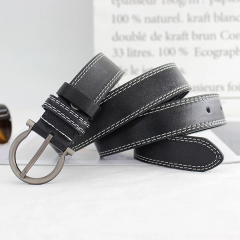 Vintage PU Leather Belt Circular Pin Buckle Contrast Stitching Casual Waistband For Women Men Student Jeans