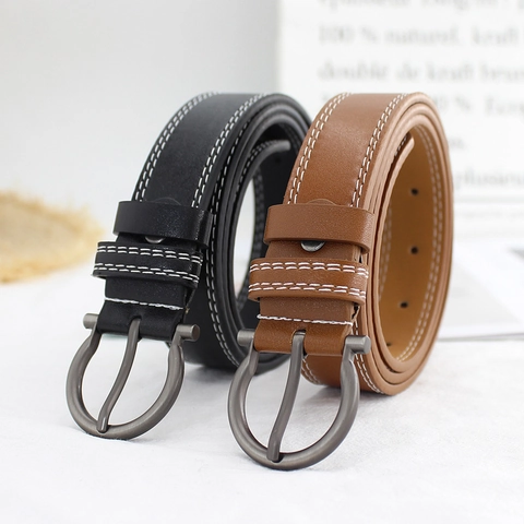 Vintage PU Leather Belt Circular Pin Buckle Contrast Stitching Casual Waistband For Women Men Student Jeans