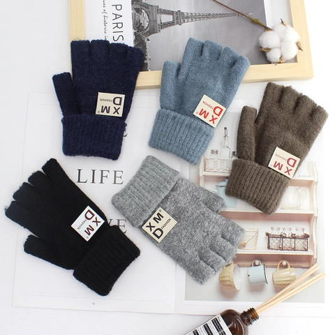 Men Fashion Acrylic Knitted Half-Finger Gloves Winter Warm Solid Color Fingerless Gloves With Letter Label Typing Mittens