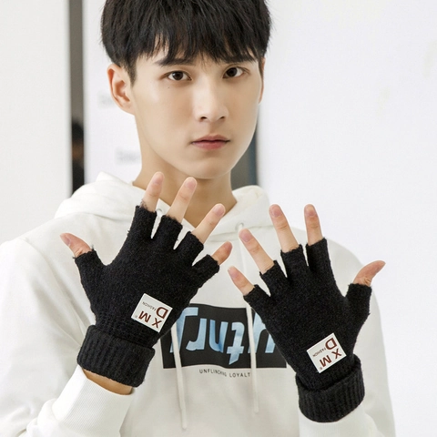 Men Fashion Acrylic Knitted Half-Finger Gloves Winter Warm Solid Color Fingerless Gloves With Letter Label Typing Mittens