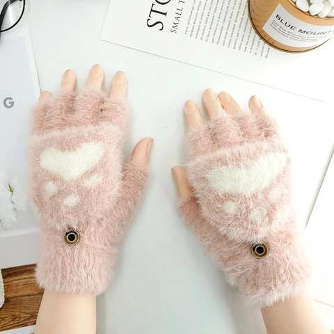 Schattige Kattenpoot Flip-top Halve Vinger Pluche Handschoenen Voor Vrouwen Studenten Winter Warm Gebreide Faux Bont Want