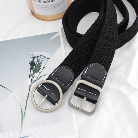 Women Fashion Elastic Belt PU Leather Alloy Round Square Buckle Woven Stretchy Waist Strap Solid Color Versatile Accessory