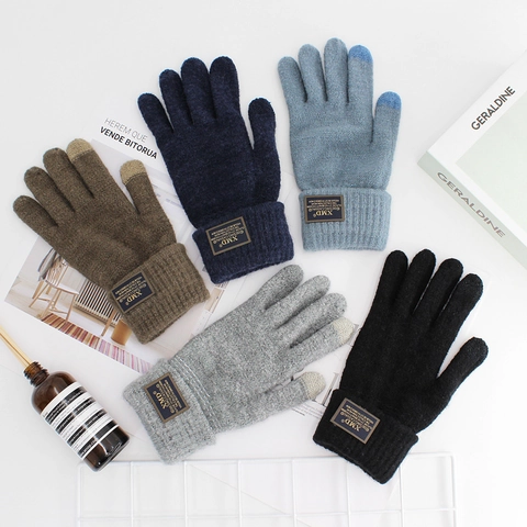 Men's Knitted Touchscreen Gloves Winter Warm Fleece Lined Solid Color Acrylic Full Finger Gloves Ribbed Cuff Outdoor
