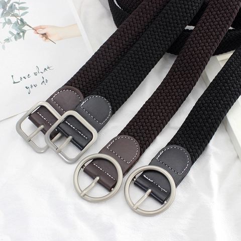 Women Fashion Elastic Belt PU Leather Alloy Round Square Buckle Woven Stretchy Waist Strap Solid Color Versatile Accessory