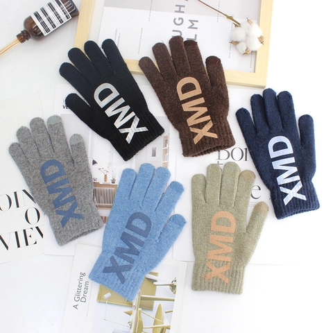 Heren Winter Gebreide Handschoenen Met Touchscreen Functie Koreaanse Mode Letterprint Dikke Warme Acryl Polyester Handschoenen