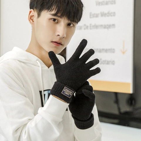 Men's Knitted Touchscreen Gloves Winter Warm Fleece Lined Solid Color Acrylic Full Finger Gloves Ribbed Cuff Outdoor