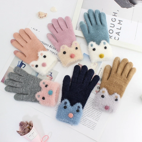 Damen Winter Warme Strickhandschuhe Süßes Cartoon Tier Design Touchscreen Kompatibel Acryl Plüschbesatz Outdoor Fäustlinge