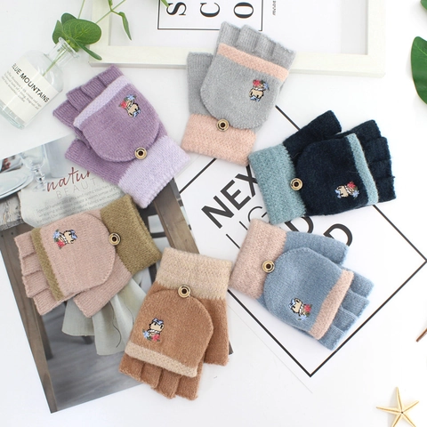 Women's Korean Style Knit Half Finger Flip Top Gloves With Cartoon Bear Embroidery Winter Warm Convertible Fingerless Gloves