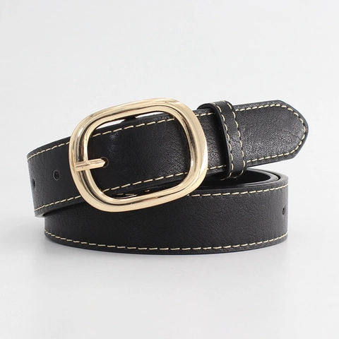 Cintura da Donna in Ecopelle Vintage Con Fibbia Ovale in Lega Dorata Cuciture a Contrasto Fascia alla Moda per Jeans