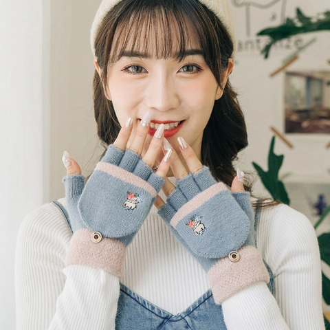 Women's Korean Style Knit Half Finger Flip Top Gloves With Cartoon Bear Embroidery Winter Warm Convertible Fingerless Gloves
