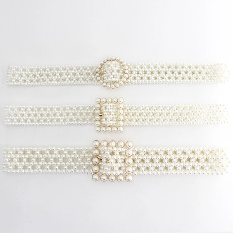 Elegante Cinturón de Cintura de Perlas Artificiales para Mujer Hebilla de Aleación Vintage Cinturón de Corsé Decorativo Tejido a Mano para Vestidos