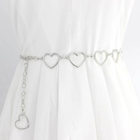 Ceinture Chaîne en Métal Ajourée en Forme de Coeur pour Femmes Polyvalente Or Argent Chaîne de Taille Ajustable Accessoire Robe