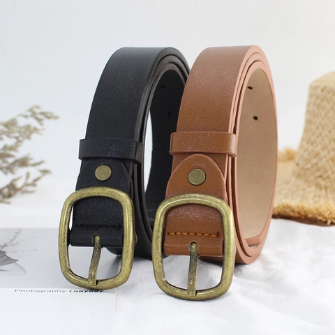 Cinturón Retro Mujer de Cuero PU Hebilla Rectangular Oro Minimalista Color Sólido Correa Cintura Vaqueros Accesorio Moda Decorativo