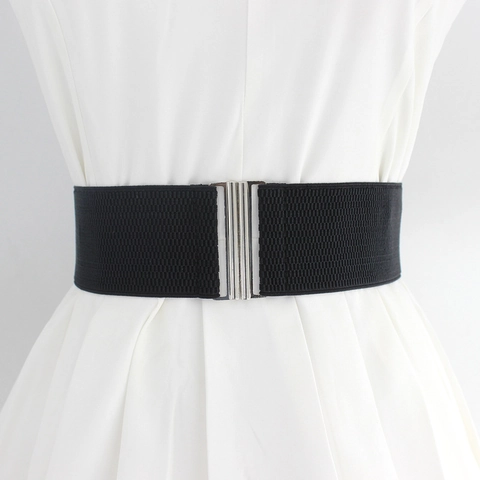 Women Elastic Corset Belt Wide Waistband With Interlocking Alloy Buckle Solid Color Stretch Belt For Dress Sweater Accessory
