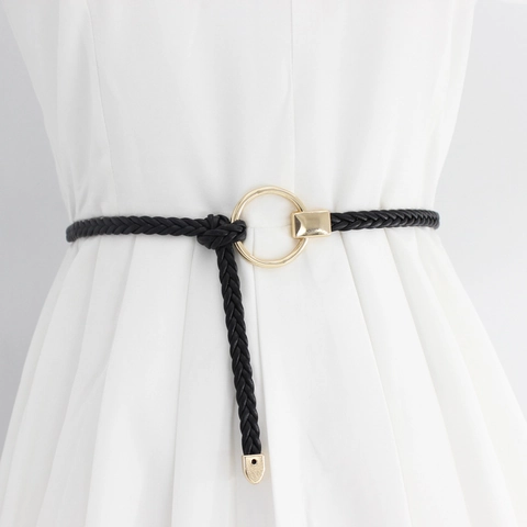 Damen Geflochtener Schmaler Gürtel Retro Mode Ins Stil Goldlegierung Rundschnalle Knoten Taillenkette Kunstleder Gürtel Für Kleid Täglich