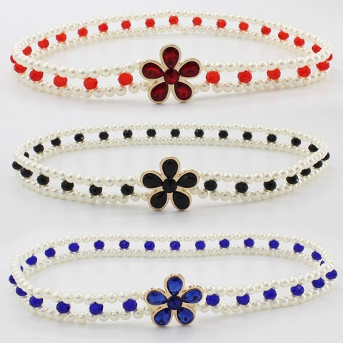 Elegant Women Artificial Pearl Waist Chain Alloy Flower Buckle Rhinestone Inlaid Elastic Belt For Dress Party Accessory