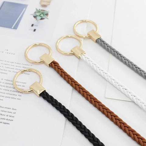 Damen Geflochtener Schmaler Gürtel Retro Mode Ins Stil Goldlegierung Rundschnalle Knoten Taillenkette Kunstleder Gürtel Für Kleid Täglich