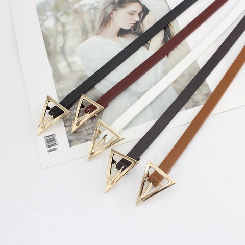 Women Minimalist PU Leather Skinny Belt Gold Triangle Geometric Alloy Buckle Versatile Fashion Dress Jeans Waistband Accessory