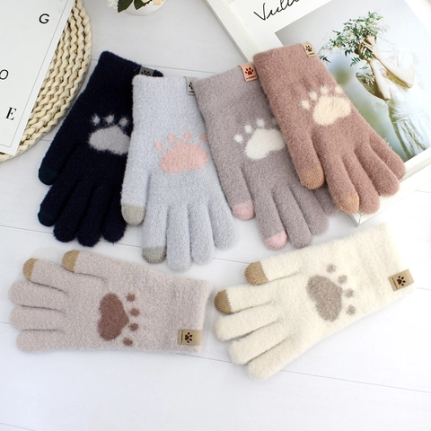 Women Cute Cat Paw Pattern Winter Gloves Thickened Double Layer Plush Warm Knitted Touch Screen Gloves For Students