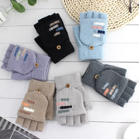 Men's Knitted Convertible Flip Top Gloves Acrylic Warm Winter Half Finger Mittens For Writing Typing Cold Weather