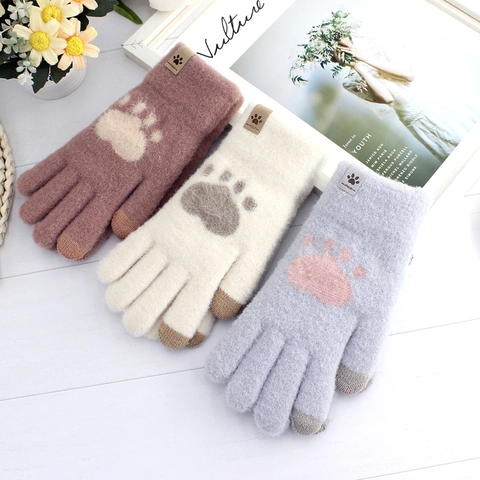 Women Cute Cat Paw Pattern Winter Gloves Thickened Double Layer Plush Warm Knitted Touch Screen Gloves For Students