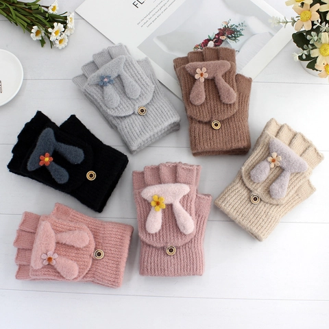 Korean Cute Bunny Knitted Half-Finger Flip Top Gloves Winter Warm Dual-Use Thickened Mittens For Women Students Writing