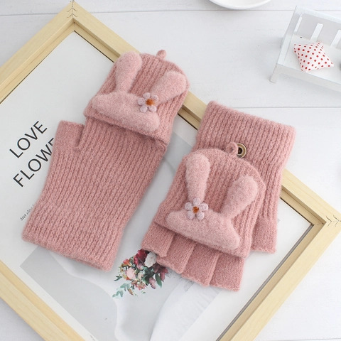Korean Cute Bunny Knitted Half-Finger Flip Top Gloves Winter Warm Dual-Use Thickened Mittens For Women Students Writing