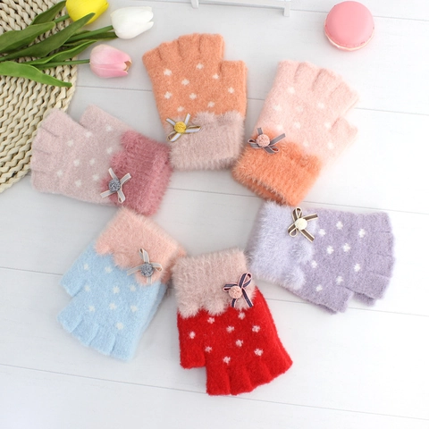 Guantes de Punto Cálidos para Niños Con Lazo y Patrón de Lunares Terciopelo de Visón para Invierno Niñas