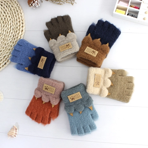 Kinder Winter Warme Faux Nertsbont Vingerloze Handschoenen Schattig Dierpoot Ontwerp Gebreide Halve Vinger Wanten Voor Kinderen
