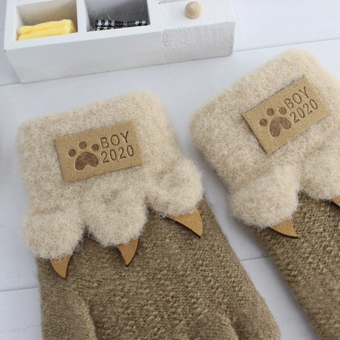 Kinder Winter Warme Faux Nertsbont Vingerloze Handschoenen Schattig Dierpoot Ontwerp Gebreide Halve Vinger Wanten Voor Kinderen