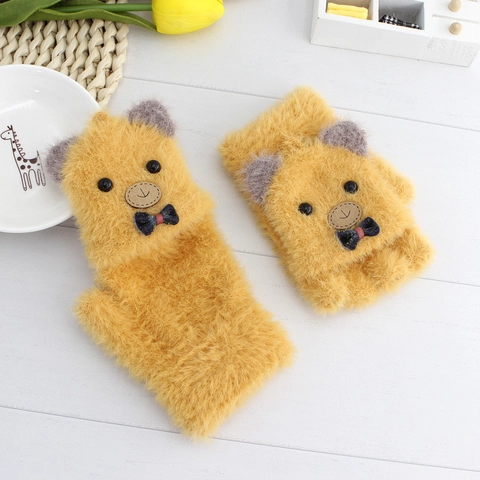 Kinder Süßer Bär Nerzimitat Flip-Top Halbfinger Handschuhe Warm Winter Dick Plüsch Fäustlinge Für Jungen Mädchen