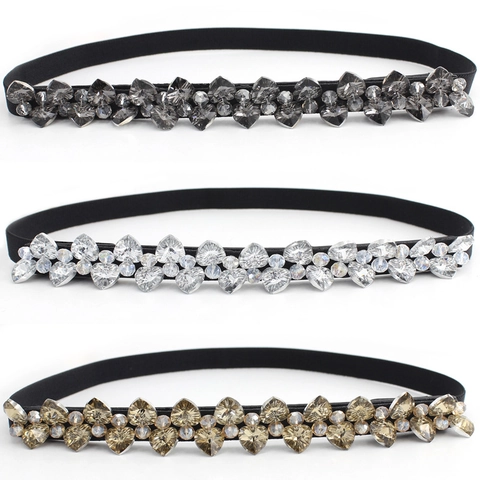Women Elastic Rhinestone Belt Sparkling Heart Rhinestone Inlaid PU Skinny Corset Belt For Dress Wedding Party Jewelry