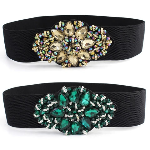 Women Retro Luxury Rhinestone Elastic Waist Belt Floral Inlaid Wide Corset Belt For Dress Decoration Snap Fastener Waistband