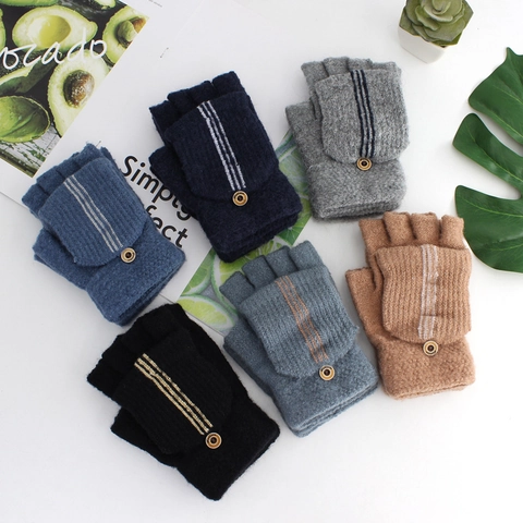 Men Winter Warm Acrylic Knitted Gloves Striped Convertible Fingerless Gloves With Flip Top Mitten Cover Fashion Male Gloves