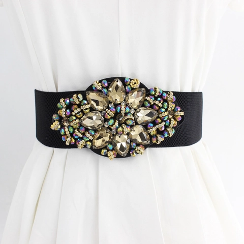 Women Retro Luxury Rhinestone Elastic Waist Belt Floral Inlaid Wide Corset Belt For Dress Decoration Snap Fastener Waistband