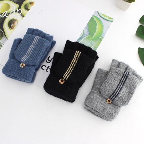 Men Winter Warm Acrylic Knitted Gloves Striped Convertible Fingerless Gloves With Flip Top Mitten Cover Fashion Male Gloves