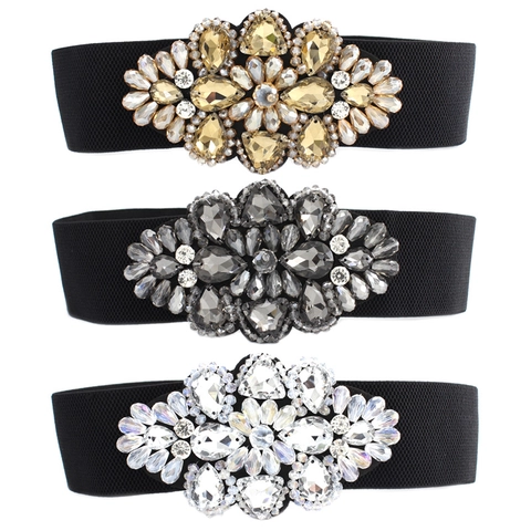 Women Elastic Corset Belt Elegant Crystal Rhinestone Floral Waist Band Wide Faux Leather Stretch Belts For Dresses Coat Accessories