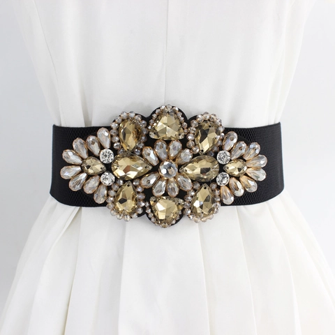 Elegant Women Elastic Wide Waist Belt Luxurious Floral Rhinestone Inlaid Corset Belt For Dresses Alloy Buckle Fashion Accessory