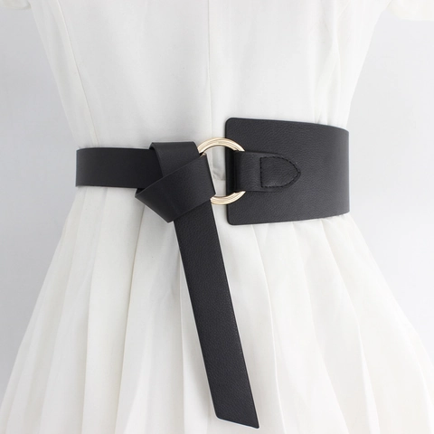 Women Fashion Wide PU Leather Belt Gold Round Buckle Knot Tie Cinch Waistband Decorative Belt For Dresses Coats Accessories