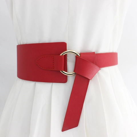 Women Fashion Wide PU Leather Belt Gold Round Buckle Knot Tie Cinch Waistband Decorative Belt For Dresses Coats Accessories