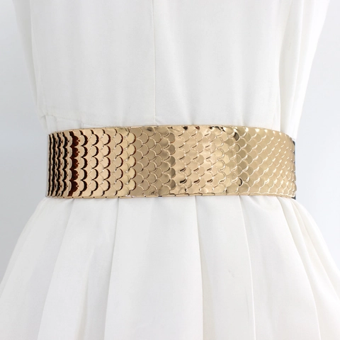 Cintura a Corsetto Elastica in Metallo da Donna Motivo a Squame di Pesce Cintura Larga Elastica per Abiti Oro Argento