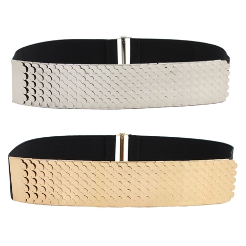 Cintura a Corsetto Elastica in Metallo da Donna Motivo a Squame di Pesce Cintura Larga Elastica per Abiti Oro Argento