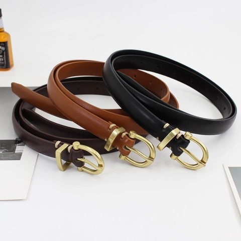 Women Minimalist PU Leather Thin Belt With Gold Horseshoe Pin Buckle Vintage Fashion Decorative Waist Strap For Jeans