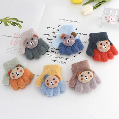 Schattige Cartoon Beer Kinder Gebreide Handschoenen Warme Winter Vingerhandschoenen Voor Peuters 0-2 Jaar Jongens Meisjes Acryl Gehaakte Handwarmers