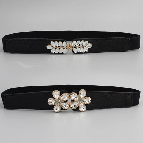 Women Elastic Waist Belt With Flower Leaf Rhinestone Buckle Black PU Leather Cincher For Dress Shirt Decorative Fashion Accessory