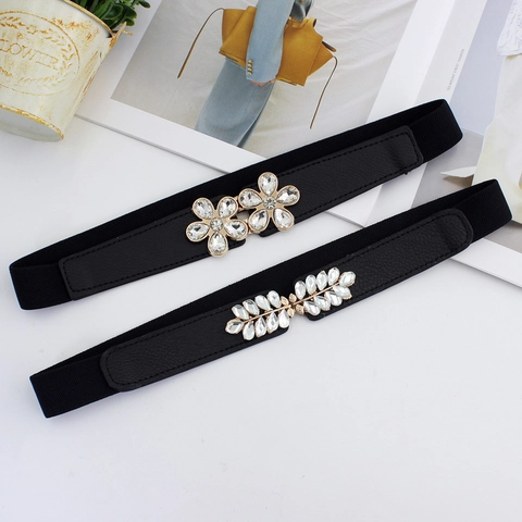Women Elastic Waist Belt With Flower Leaf Rhinestone Buckle Black PU Leather Cincher For Dress Shirt Decorative Fashion Accessory